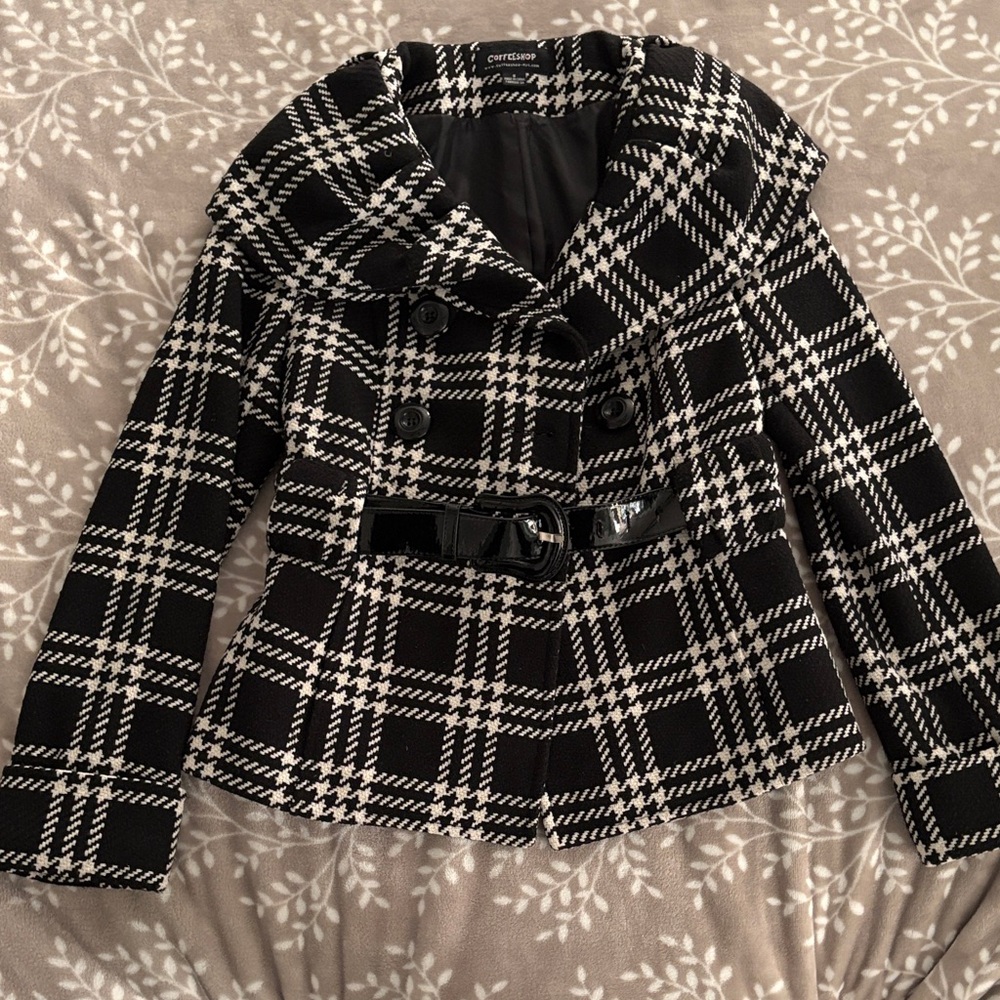 Chico's Black and White Plaid Pea Coat